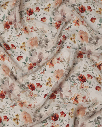 Ivory Floral Printed Viscose Crepe Fabric, Autumn-Toned Watercolor Bloom Design, 110 Cms Width, Made in India-D23434