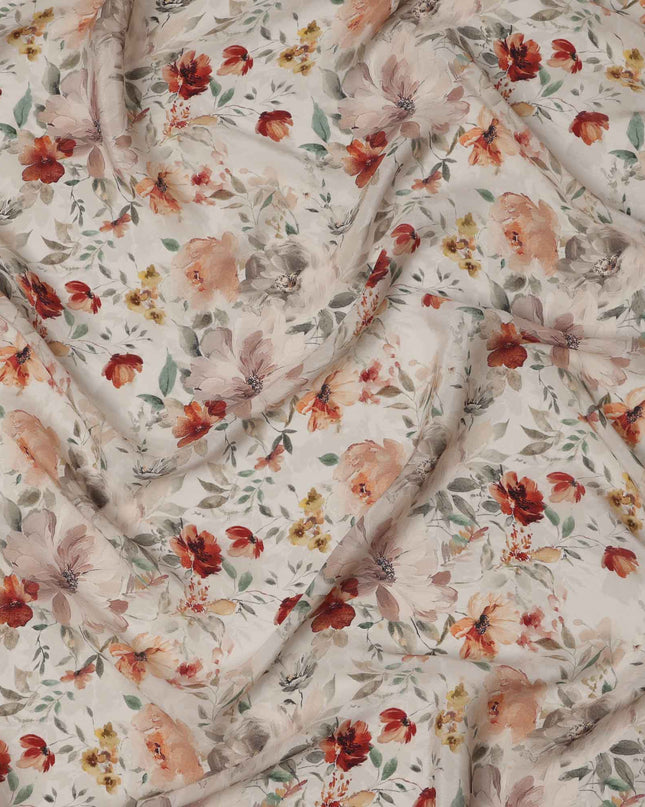 Ivory Floral Printed Viscose Crepe Fabric, Autumn-Toned Watercolor Bloom Design, 110 Cms Width, Made in India-D23434