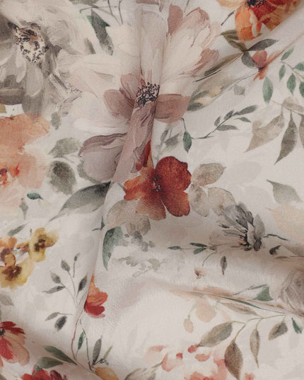 Ivory Floral Printed Viscose Crepe Fabric, Autumn-Toned Watercolor Bloom Design, 110 Cms Width, Made in India-D23434