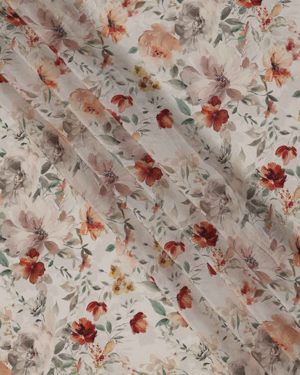 Ivory Floral Printed Viscose Crepe Fabric, Autumn-Toned Watercolor Bloom Design, 110 Cms Width, Made in India-D23434