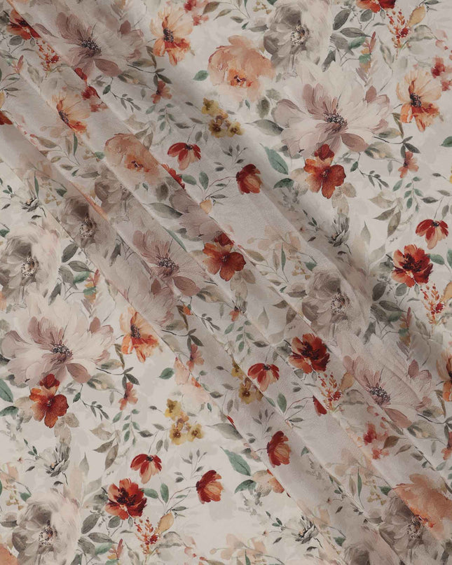 Ivory Floral Printed Viscose Crepe Fabric, Autumn-Toned Watercolor Bloom Design, 110 Cms Width, Made in India-D23434