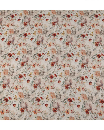 Ivory Floral Printed Viscose Crepe Fabric, Autumn-Toned Watercolor Bloom Design, 110 Cms Width, Made in India-D23434