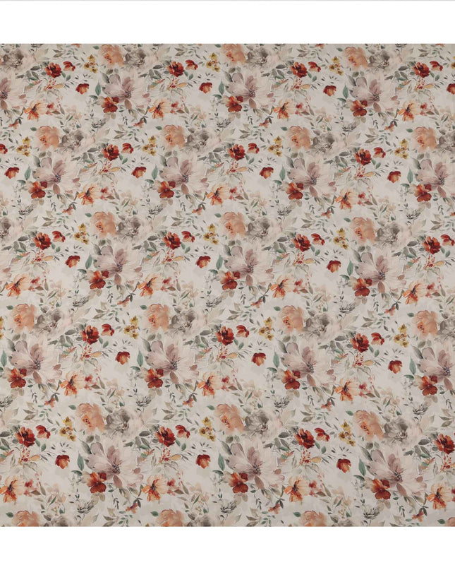 Ivory Floral Printed Viscose Crepe Fabric, Autumn-Toned Watercolor Bloom Design, 110 Cms Width, Made in India-D23434