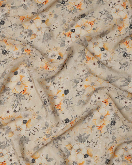 قماش كريب فيسكوز مطبوع عليه زهور باللون البيج، بنقشة أوراق رقيقة مع درجات اللون الأصفر والرمادي، عرض 110 سم، صنع في الهند - D23435