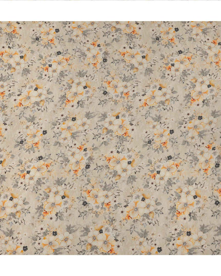 قماش كريب فيسكوز مطبوع عليه زهور باللون البيج، بنقشة أوراق رقيقة مع درجات اللون الأصفر والرمادي، عرض 110 سم، صنع في الهند - D23435