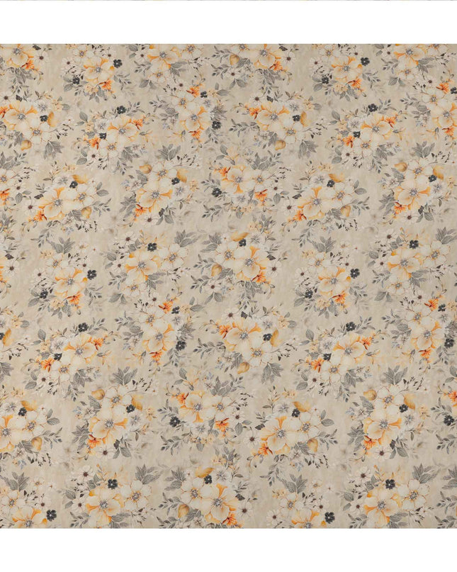 قماش كريب فيسكوز مطبوع عليه زهور باللون البيج، بنقشة أوراق رقيقة مع درجات اللون الأصفر والرمادي، عرض 110 سم، صنع في الهند - D23435