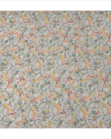 قماش كريب فيسكوز ناعم رمادي اللون بطبعة زهور، تصميم زهور الحديقة باللونين الأصفر والخوخي، عرض 110 سم، صنع في الهند - D23436