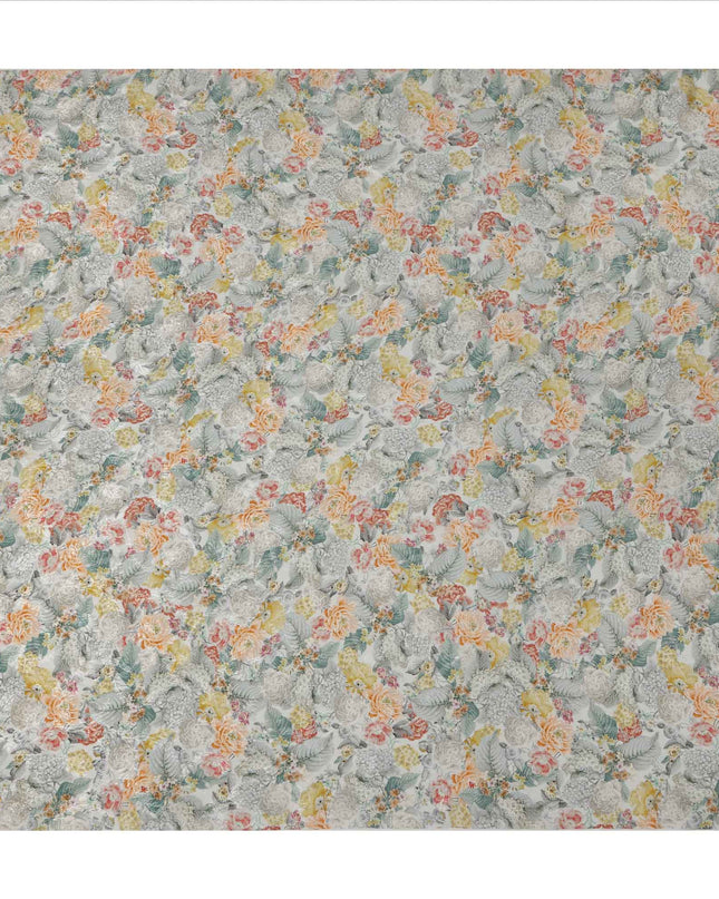 قماش كريب فيسكوز ناعم رمادي اللون بطبعة زهور، تصميم زهور الحديقة باللونين الأصفر والخوخي، عرض 110 سم، صنع في الهند - D23436