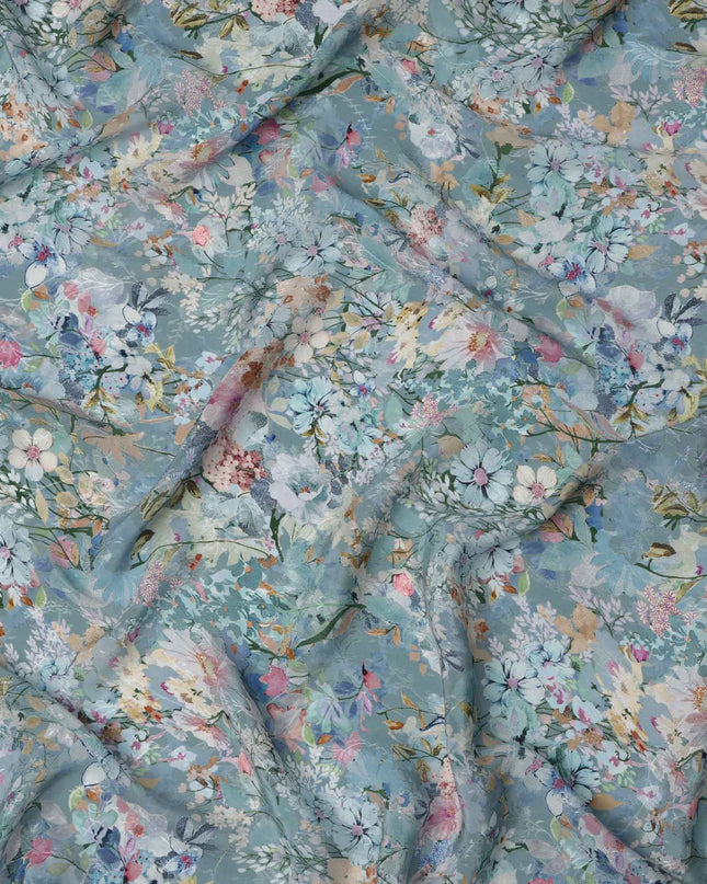 قماش كريب فيسكوز أزرق فاتح مطبوع عليه زهور، تصميم حديقة نباتية متعدد الألوان، عرض 110 سم، صنع في الهند - D23437