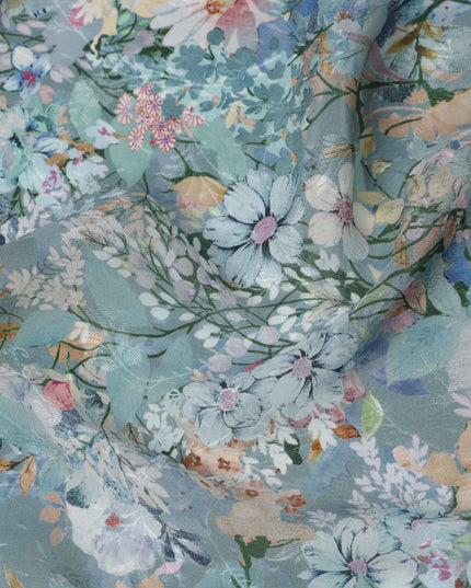 قماش كريب فيسكوز أزرق فاتح مطبوع عليه زهور، تصميم حديقة نباتية متعدد الألوان، عرض 110 سم، صنع في الهند - D23437