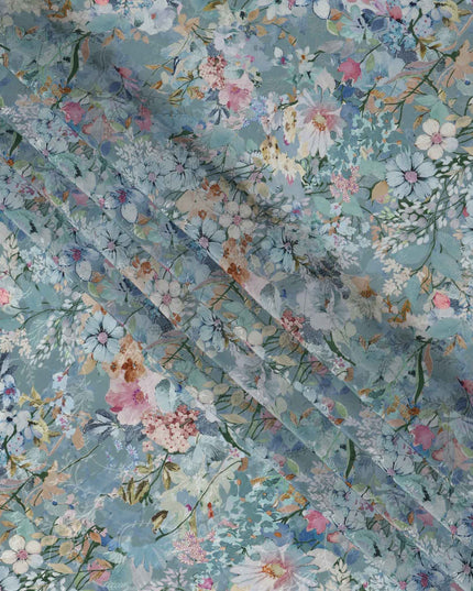 قماش كريب فيسكوز أزرق فاتح مطبوع عليه زهور، تصميم حديقة نباتية متعدد الألوان، عرض 110 سم، صنع في الهند - D23437