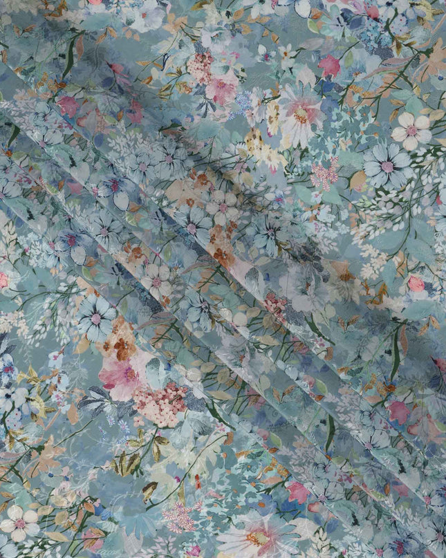 قماش كريب فيسكوز أزرق فاتح مطبوع عليه زهور، تصميم حديقة نباتية متعدد الألوان، عرض 110 سم، صنع في الهند - D23437