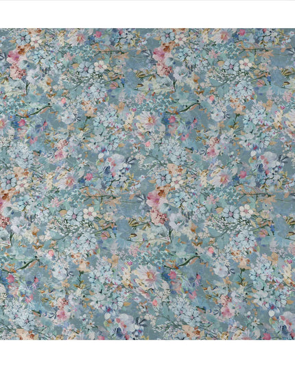 قماش كريب فيسكوز أزرق فاتح مطبوع عليه زهور، تصميم حديقة نباتية متعدد الألوان، عرض 110 سم، صنع في الهند - D23437