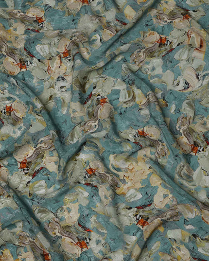 قماش كريب فيسكوز مطبوع بضربات فرشاة تجريدية بلون أزرق مخضر، بتصميم فني فني بلمسات بيج وصدئة، عرض 110 سم، صنع في الهند - D23438