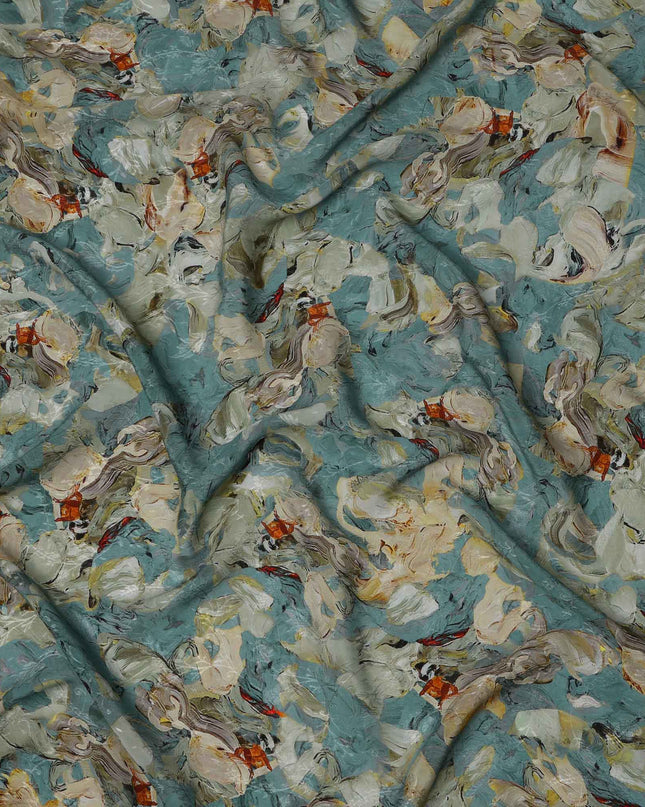 قماش كريب فيسكوز مطبوع بضربات فرشاة تجريدية بلون أزرق مخضر، بتصميم فني فني بلمسات بيج وصدئة، عرض 110 سم، صنع في الهند - D23438