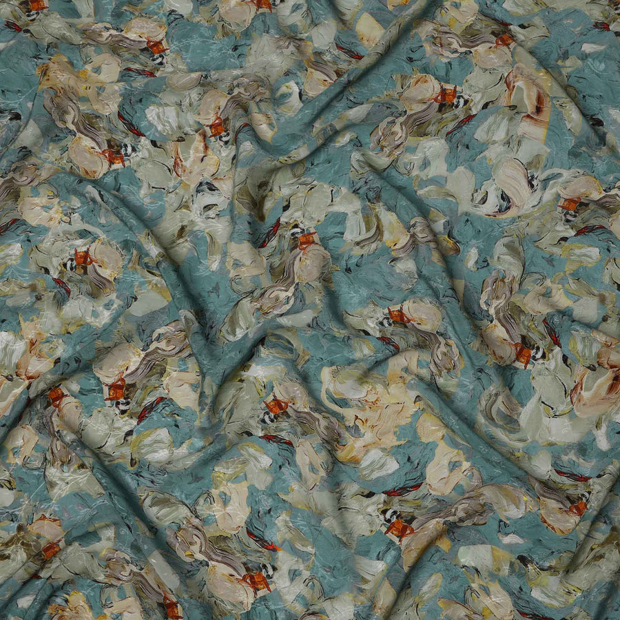 قماش كريب فيسكوز مطبوع بضربات فرشاة تجريدية بلون أزرق مخضر، بتصميم فني فني بلمسات بيج وصدئة، عرض 110 سم، صنع في الهند - D23438