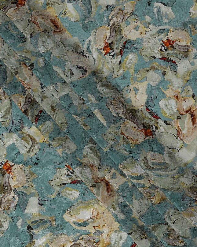 قماش كريب فيسكوز مطبوع بضربات فرشاة تجريدية بلون أزرق مخضر، بتصميم فني فني بلمسات بيج وصدئة، عرض 110 سم، صنع في الهند - D23438