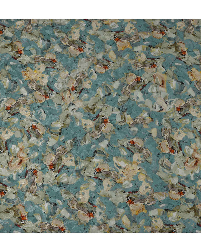 قماش كريب فيسكوز مطبوع بضربات فرشاة تجريدية بلون أزرق مخضر، بتصميم فني فني بلمسات بيج وصدئة، عرض 110 سم، صنع في الهند - D23438