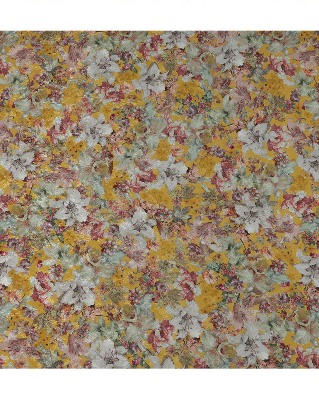 قماش كريب فيسكوز مطبوع عليه زهور باللون الأصفر الخردلي، بتصميم حديقة عتيقة بدرجات اللونين الرمادي الفاتح والأرجواني، عرض 110 سم، صنع في الهند - D23439