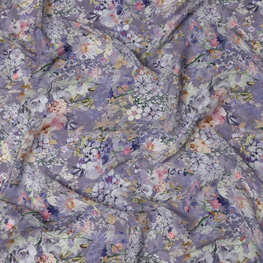 قماش كريب فيسكوز مطبوع عليه زهور لافندر، متعدد الألوان، تصميم حديقة نباتية مع لمسات باستيل، عرض 110 سم، صنع في الهند - D23440