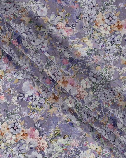 قماش كريب فيسكوز مطبوع عليه زهور لافندر، متعدد الألوان، تصميم حديقة نباتية مع لمسات باستيل، عرض 110 سم، صنع في الهند - D23440