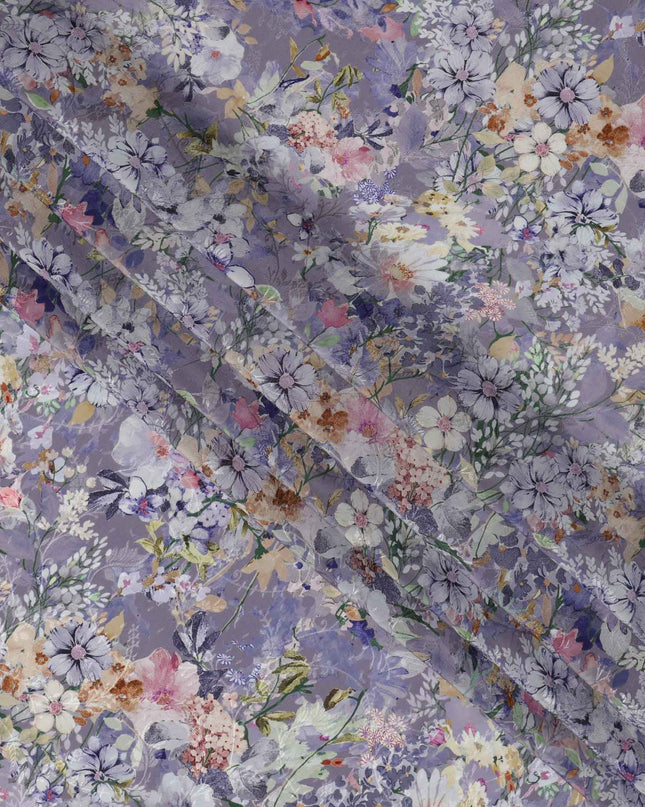 قماش كريب فيسكوز مطبوع عليه زهور لافندر، متعدد الألوان، تصميم حديقة نباتية مع لمسات باستيل، عرض 110 سم، صنع في الهند - D23440