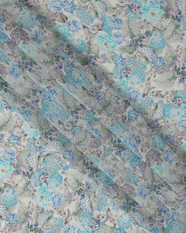 قماش كريب فيسكوز مطبوع عليه زهور باللون الأزرق السماوي، بنقشة زهور كاملة مع لمسات رمادية وأرجوانية، عرض 110 سم، صنع في الهند - D23441