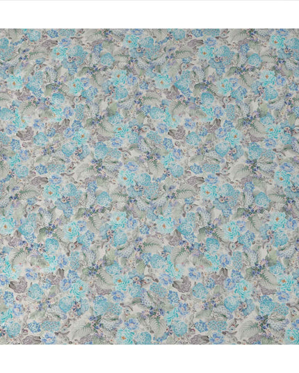 قماش كريب فيسكوز مطبوع عليه زهور باللون الأزرق السماوي، بنقشة زهور كاملة مع لمسات رمادية وأرجوانية، عرض 110 سم، صنع في الهند - D23441