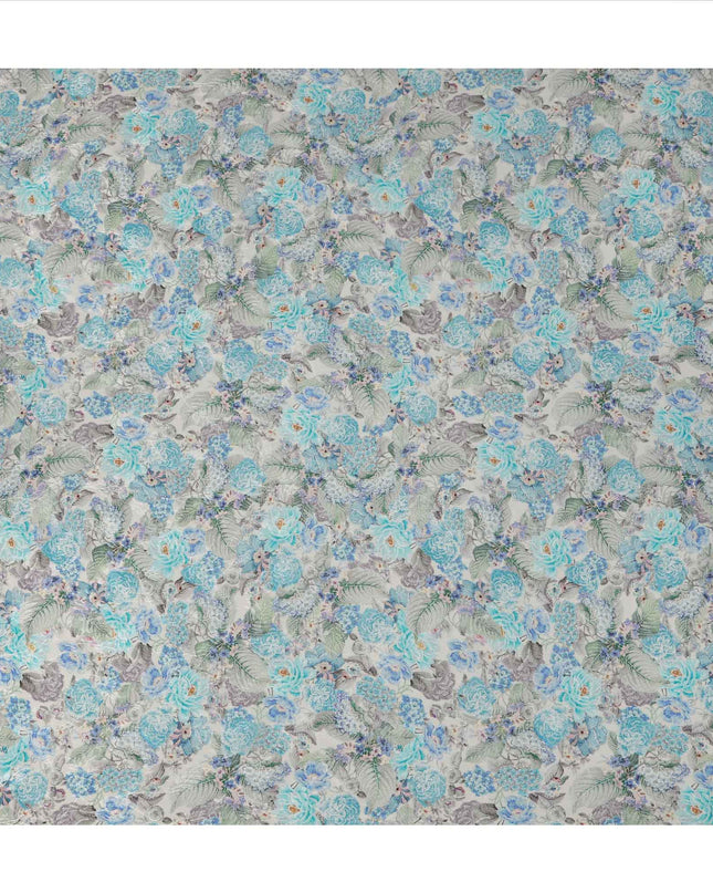 قماش كريب فيسكوز مطبوع عليه زهور باللون الأزرق السماوي، بنقشة زهور كاملة مع لمسات رمادية وأرجوانية، عرض 110 سم، صنع في الهند - D23441