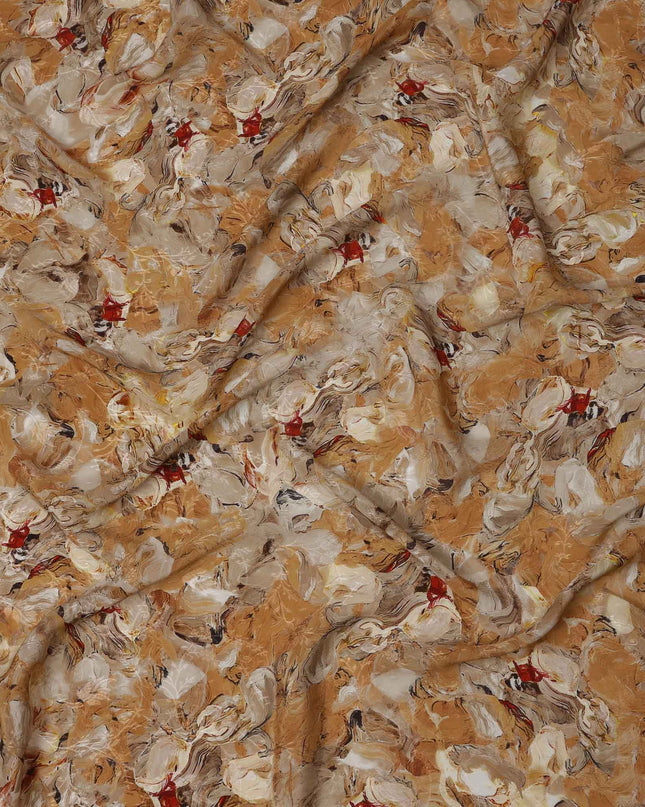 Ochre Abstract Brushstroke Printed Viscose Crepe Fabric, Artistic Textured Pattern in Beige and Red Hues, 110 Cms Width, Made in India-D23442 - Regal Fabrics