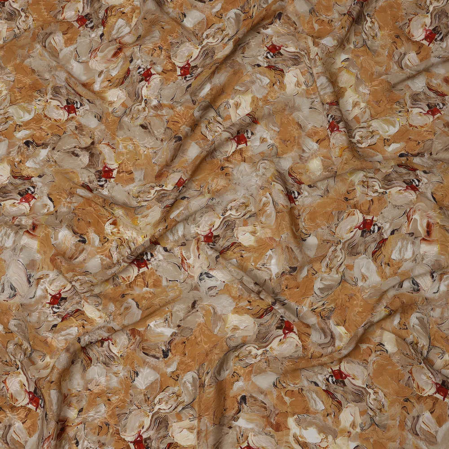 Ochre Abstract Brushstroke Printed Viscose Crepe Fabric, Artistic Textured Pattern in Beige and Red Hues, 110 Cms Width, Made in India-D23442 - Regal Fabrics
