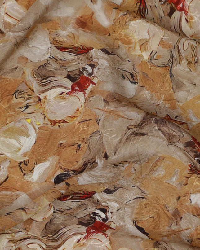 Ochre Abstract Brushstroke Printed Viscose Crepe Fabric, Artistic Textured Pattern in Beige and Red Hues, 110 Cms Width, Made in India-D23442 - Regal Fabrics