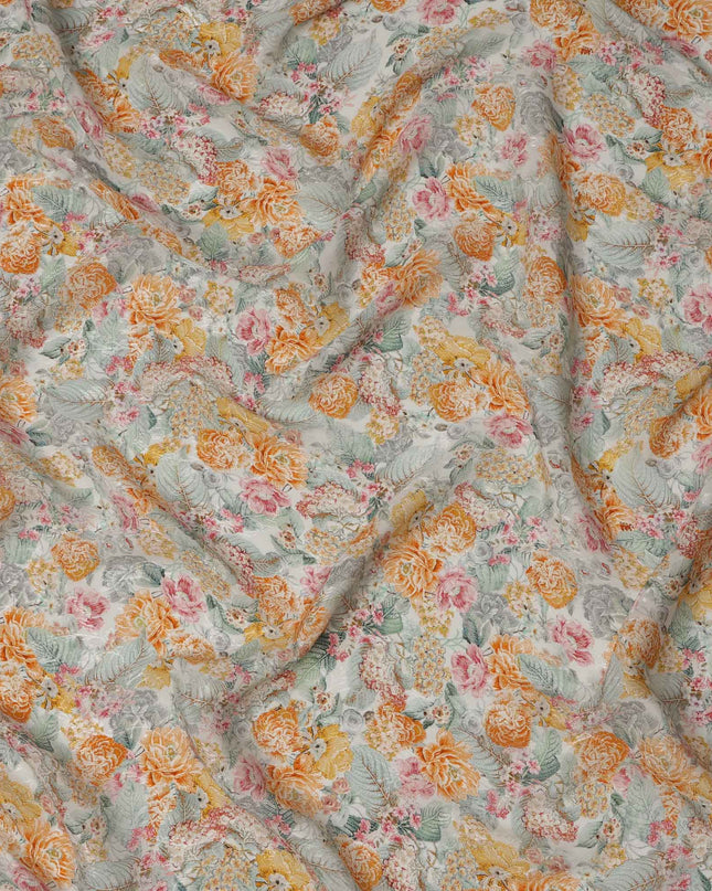 Ivory Floral Printed Viscose Crepe Fabric, All-Over Bloom Design in Orange, Pink, and Mint Green Tones, 110 Cms Width, Made in India-D23443