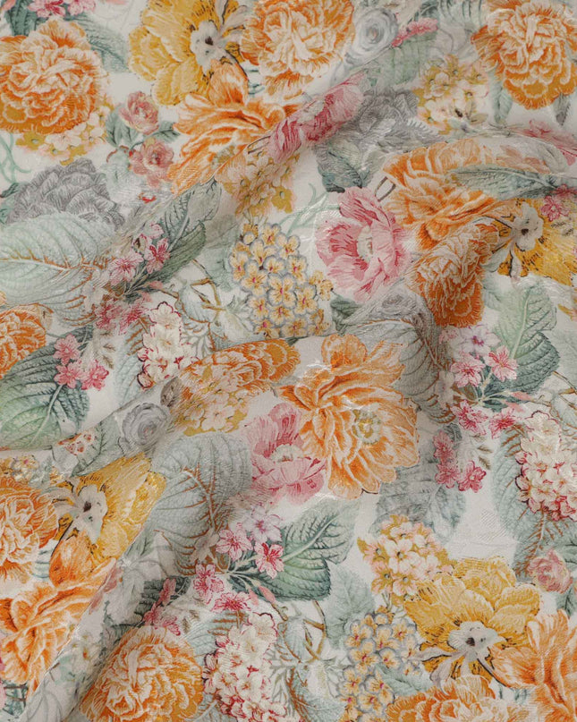 Ivory Floral Printed Viscose Crepe Fabric, All-Over Bloom Design in Orange, Pink, and Mint Green Tones, 110 Cms Width, Made in India-D23443