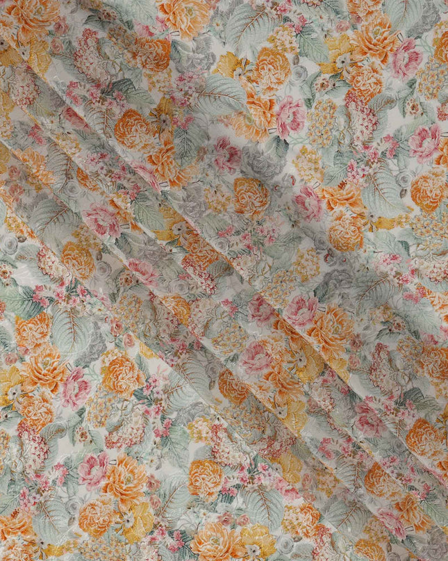 Ivory Floral Printed Viscose Crepe Fabric, All-Over Bloom Design in Orange, Pink, and Mint Green Tones, 110 Cms Width, Made in India-D23443