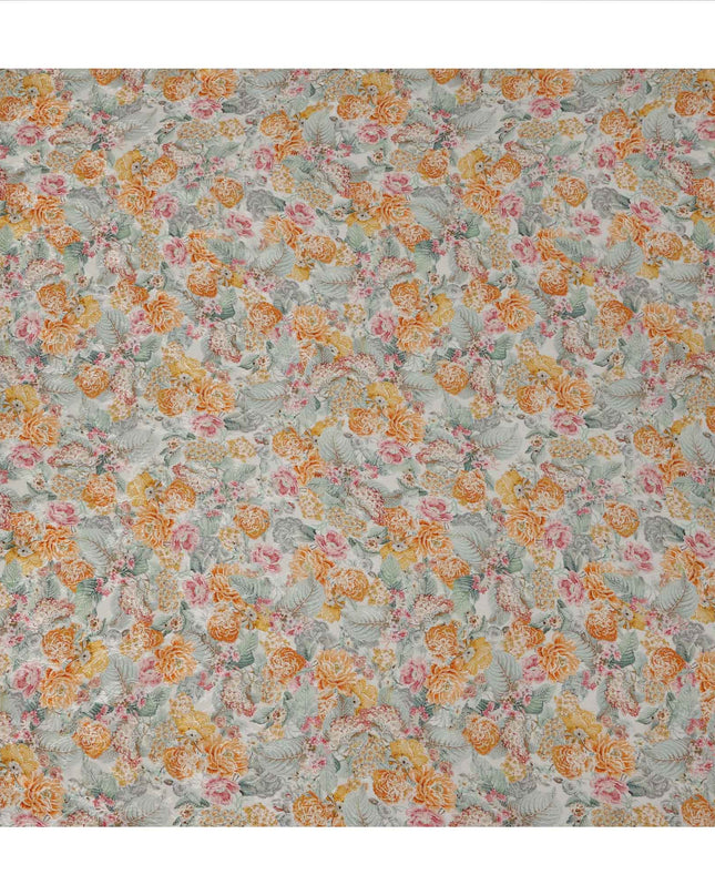 Ivory Floral Printed Viscose Crepe Fabric, All-Over Bloom Design in Orange, Pink, and Mint Green Tones, 110 Cms Width, Made in India-D23443