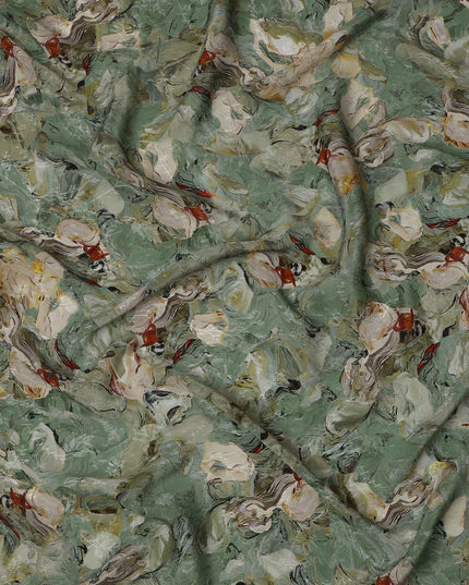 Sage Green Abstract Brushstroke Printed Viscose Crepe Fabric, Painterly Swirl Design in Beige and Rust Accents, 110 Cms Width, Made in India-D23444 - Regal Fabrics