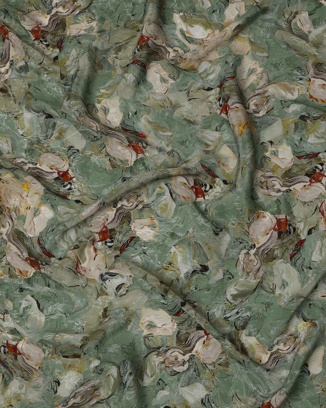 Sage Green Abstract Brushstroke Printed Viscose Crepe Fabric, Painterly Swirl Design in Beige and Rust Accents, 110 Cms Width, Made in India-D23444 - Regal Fabrics