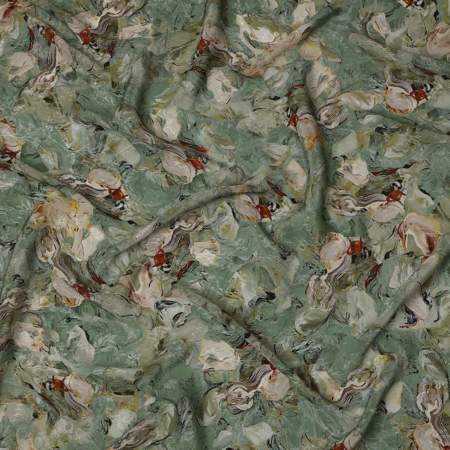 Sage Green Abstract Brushstroke Printed Viscose Crepe Fabric, Painterly Swirl Design in Beige and Rust Accents, 110 Cms Width, Made in India-D23444 - Regal Fabrics