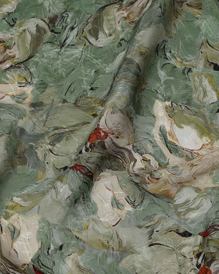 Sage Green Abstract Brushstroke Printed Viscose Crepe Fabric, Painterly Swirl Design in Beige and Rust Accents, 110 Cms Width, Made in India-D23444 - Regal Fabrics
