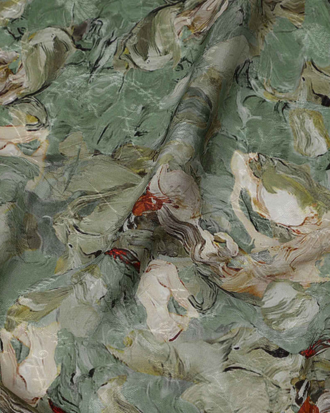 Sage Green Abstract Brushstroke Printed Viscose Crepe Fabric, Painterly Swirl Design in Beige and Rust Accents, 110 Cms Width, Made in India-D23444 - Regal Fabrics