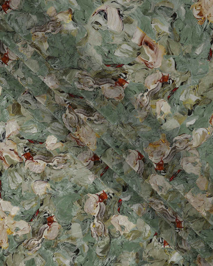 Sage Green Abstract Brushstroke Printed Viscose Crepe Fabric, Painterly Swirl Design in Beige and Rust Accents, 110 Cms Width, Made in India-D23444 - Regal Fabrics