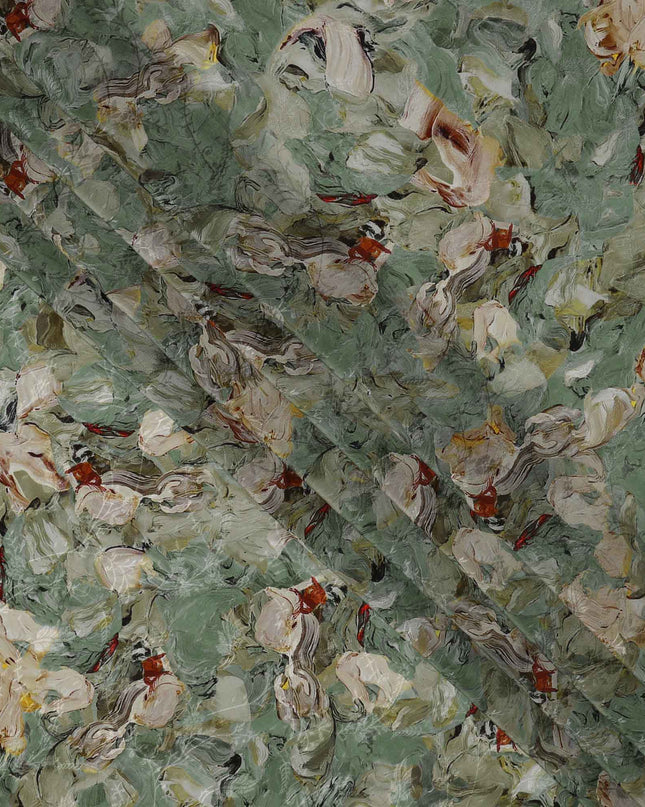 Sage Green Abstract Brushstroke Printed Viscose Crepe Fabric, Painterly Swirl Design in Beige and Rust Accents, 110 Cms Width, Made in India-D23444 - Regal Fabrics