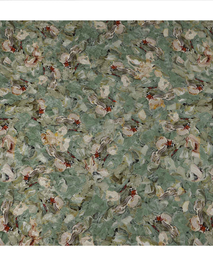 Sage Green Abstract Brushstroke Printed Viscose Crepe Fabric, Painterly Swirl Design in Beige and Rust Accents, 110 Cms Width, Made in India-D23444 - Regal Fabrics