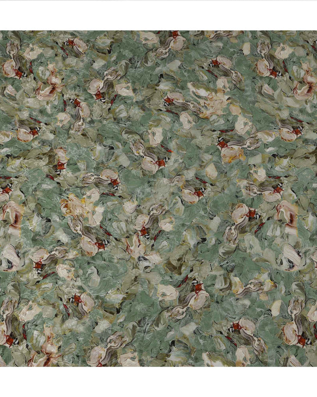 Sage Green Abstract Brushstroke Printed Viscose Crepe Fabric, Painterly Swirl Design in Beige and Rust Accents, 110 Cms Width, Made in India-D23444 - Regal Fabrics