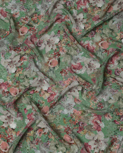 قماش كريب فيسكوز مطبوع عليه زهور باللون الأخضر، تصميم زهور نباتية عتيقة بدرجات اللون الوردي والبيج، عرض 110 سم، صنع في الهند - D23445