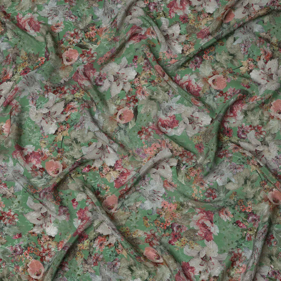قماش كريب فيسكوز مطبوع عليه زهور باللون الأخضر، تصميم زهور نباتية عتيقة بدرجات اللون الوردي والبيج، عرض 110 سم، صنع في الهند - D23445