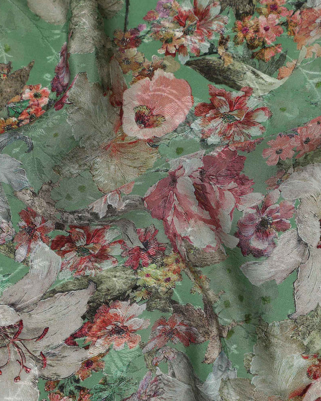 قماش كريب فيسكوز مطبوع عليه زهور باللون الأخضر، تصميم زهور نباتية عتيقة بدرجات اللون الوردي والبيج، عرض 110 سم، صنع في الهند - D23445