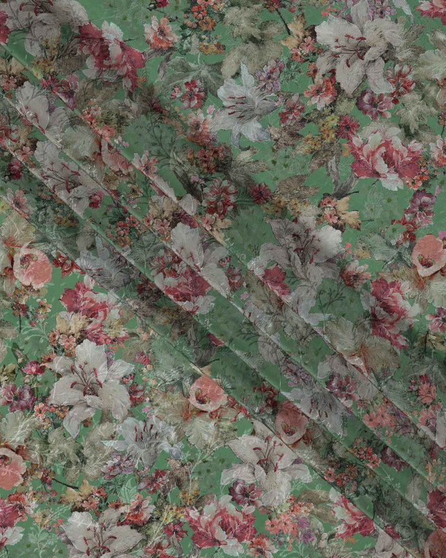 قماش كريب فيسكوز مطبوع عليه زهور باللون الأخضر، تصميم زهور نباتية عتيقة بدرجات اللون الوردي والبيج، عرض 110 سم، صنع في الهند - D23445