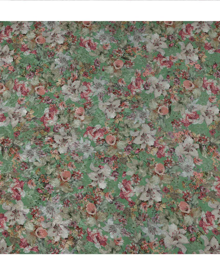 قماش كريب فيسكوز مطبوع عليه زهور باللون الأخضر، تصميم زهور نباتية عتيقة بدرجات اللون الوردي والبيج، عرض 110 سم، صنع في الهند - D23445